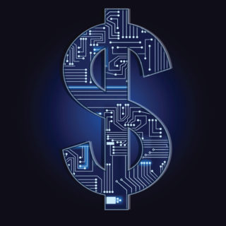 Dollar sign filled with an electronic circuit. Blue background.