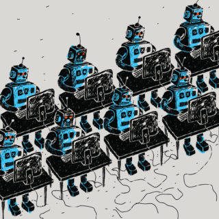 Group of Robots and personal computer vector illustration
